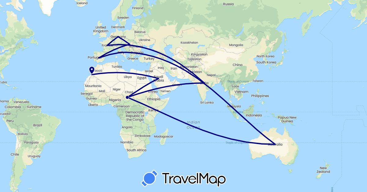 TravelMap itinerary: driving in Australia, Germany, Spain, France, Hungary, India, Italy, Morocco, Saudi Arabia (Africa, Asia, Europe, Oceania)
